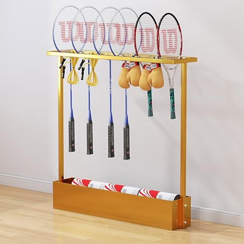 TRAGLO Présentoir de rangement pour raquettes de badminton, support en métal pour raquettes de tennis pour adultes, idéal pour salle de sport, école ou magasin(Or)