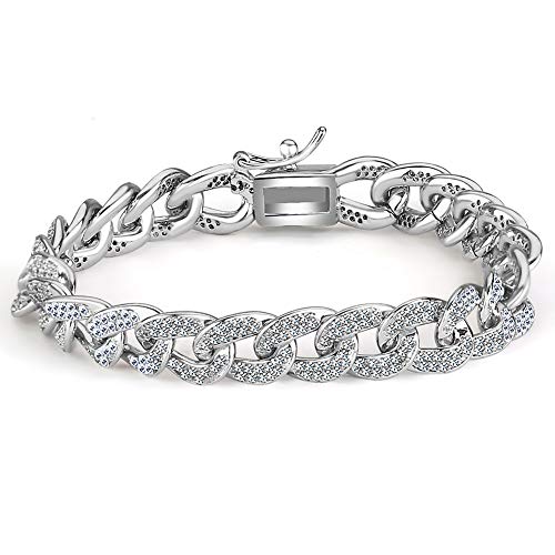 Hip Hop Bracelets for Women 18K White Gold Plated Cubic Zirconia Paved Fashion Cuban Link Bracelet Birthday Gifts for Mom Women Bracelet for Men 6.7'' /7.5'' (7.5)