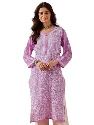 Image of Ada Lucknow Chikankari Hand Embroidered Faux Georgette Kurta Kurti Tunic Dress for Women A95504
