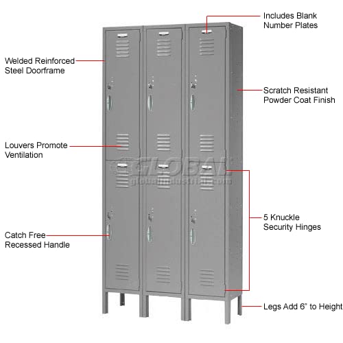 Global Industrial Double Tier Locker, 12X15X36, 6 Door Unassembled, Gray #TOP3