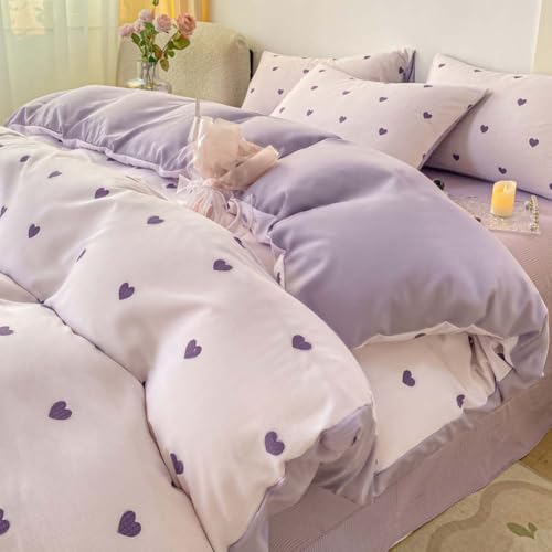 Image of Nayoroom Purple Heart Duvet Cover Queen Size Cute Hearts Coquette Bedding Set Kids Girls Heart-Shaped Comforter Cover with Zipper Closure Soft Breathable Microfiber