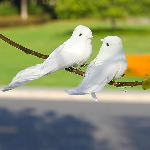 LWINGFLYER 2pcs White Doves Decorative Birds Artificial Simulation Foam Feathered Bird Pigeons Ornament for Wedding Wreaths Craft Christmas Tree Decorations 12cm (Wire Feet)