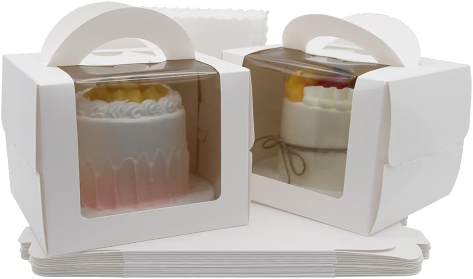 La Llareta Cardboard Cake Box, 15 Pieces Portable Cupcake Boxes, Cupcake Boxes with Handle and Display Window, for Birthday Cakes, Biscuits, Cupcakes, Muffins (4 Inches)