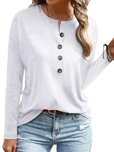 EADINVE Womens Crew Neck Long Sleeve Buttons Tops Fall Tshirts Tee Basic 2024 Blouse Loose Fit Henley Tops