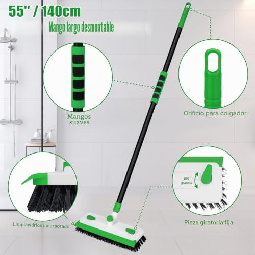 Miniatura 3 de Qaestfy Cepillo Limpieza Hogar Con Mango Largo 3 En 1 Y Escobilla De Goma 140 Cm Cepillo Para Juntas Para Limpiar Baño, Patio, Garaje, Pared, Cepillo De Limpieza De Azulejos Verde