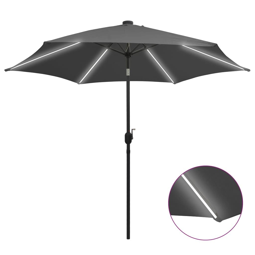 vidaXL Ombrellone con Luci a LED e Palo in Alluminio Parasole Protezione per Il Sole Telo Protettivo Tenda Accessori da Esterni 300 cm Antracite