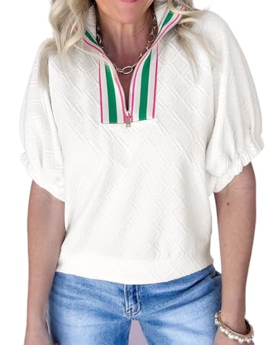 HTHCHENG Women‘s Summer Loose Short Sleeve Sweater Lapel Neck Polo Shirt Chiffon Blouses, White, L