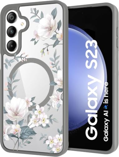 VONZEE Compatible with Samsung Galaxy S23 5G Case Luxury Retro Flowers Floral Clear for Magnetic Wireless Charging Case Shockproof Case PC+TPU Cute Glossy Shiny Cover for Girls Women,Grey