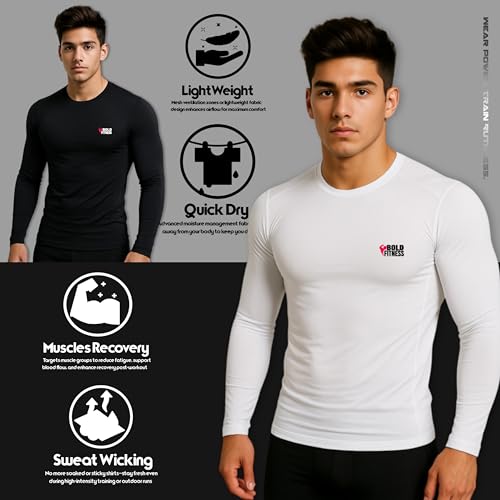 Image of BOLD FITNESS Men Full Sleeve Compression Regular Fit T-Shirt - Athletic Base Layer Tights for Fitness