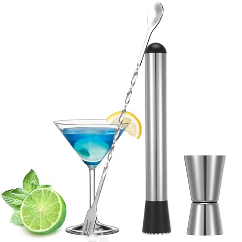 Wanmu Barlöffel und Cocktails Stössel mit 0,5/1 OZ Messbecher, Edelstahl Barkeeper Set, Mojito Stampfer Eiscrusher, 26cm Metall Löffel...