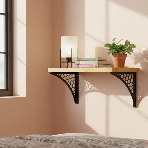 Image of Wall Shelf with Wooden Top Black|White Iron Brackets Storage Rack|Industrial Wall-Mounted Floating Shelf for Living Room,Kitchen,Bathroom (Black Hexagon Small)