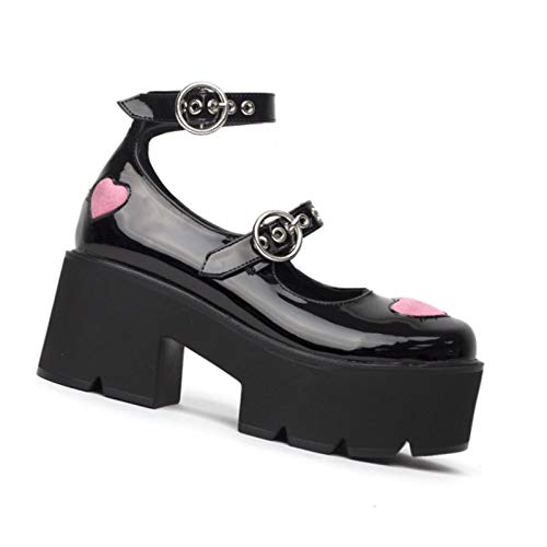 Erocalli Platform Mary Jane Shoes for Women Chunky High Heel Pumps Cute Heart Ankle Strap Lolita Shoes Party Dress Shoes Black2