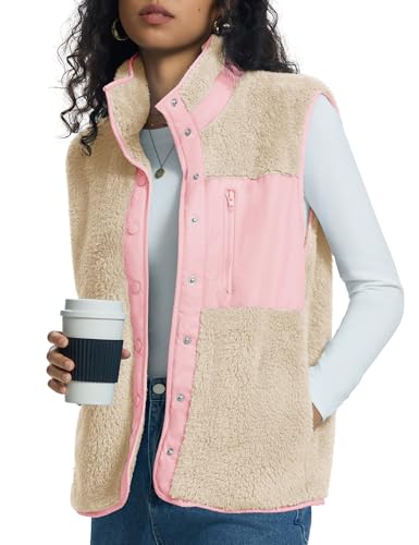Kistore Fellweste Damen Teddy-Fleece Casual Leicht Stehkragen Lang Weste Outdoor Reißverschluss Gilets Damenweste(Apricot Rosa,XL)