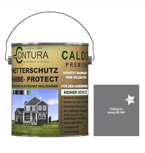 Contura Wetterschutzfarbe 1 Liter Holz Dauerschutzfarbe Deckend Buntlack Holzfarbe Holzlasur Seidenmatt (Stahlgrau Metallic - RAL 9007)