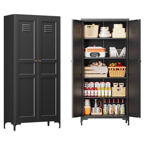 61" Tall Kitchen Pantry Storage Cabinet with 2 Doors and 4 Adjustable Shelve, Metal Black Food Pantry Cabinet, Kitchen Cabinet Storage Unit,5 Tier Freestanding Cupboard for Kitchen Dining/Living Room
