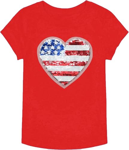 Image of Mrocioa American Heart Flag Girls 4th of July Shirt USA Patriotic Kids Sequin T-Shirt for 2-7 Years