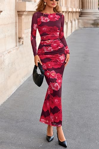 Image of PRETTYGARDEN Women's Long Sleeve Bodycon Dresses 2026 Spring Sexy Floral Mesh Slit Ruched Tight Maxi Wedding Guest Dress