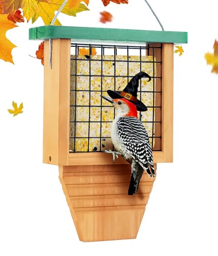 Gbekery Wooden Suet Bird Feeder for Outside Hanging, Woodpecker Suet Feeder with Tail Prop, Hanging Bird Feeder for Wild Birds, 1 Pack, Green