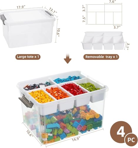 Image of Citylife 32QT 4Packs Clear Craft Organizers and Storage Box with Tray | Stackable Art Supply Organizer Storage Bins with Lids for Beads, Markers, Sewing, Tools, Clothes, Files, Office Supplies