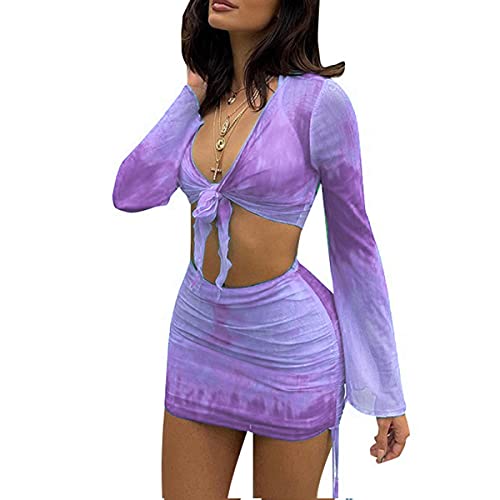 Image of Women's Sexy Long Sleeve 2 Pieces Sheer Mesh Cover Up Dress Crop Top Bodycon Ruched Y2K Mini Skirt Sets