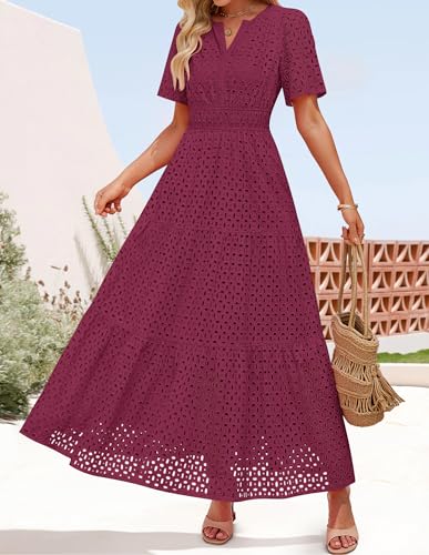 Image of ZESICA Women's 2026 Summer Short Sleeve Maxi Dress Casual V Neck Hollow Out Eyelet Ruffle Swing A Line Long Dresses