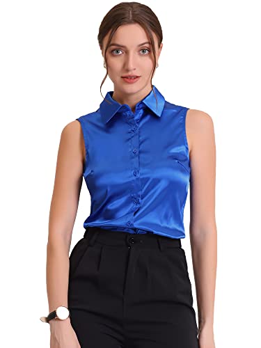 Allegra K Damen Satin Bluse Ärmellos Arbeit Knopfleiste Legerem Kragen...