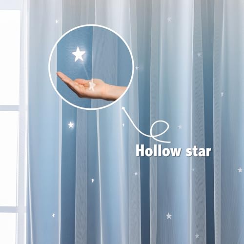 Image of Double Layer Dreamy Star Blackout Curtain 1 Panel W52 x L95,Dark Blue | Princess Style Window Drapes for Kids Room Elegant Decor for Daughter Bedroom Living Room Soft Fabric Design