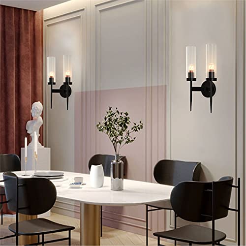 Image of BOKT Modern 2-Lights Matte Black Metal Vanity Light Fixture Clear Crystal Glass Bubble Wall Sconce Lighting Mid Century Wireless Wall Mounted Bedside Wall Lamps