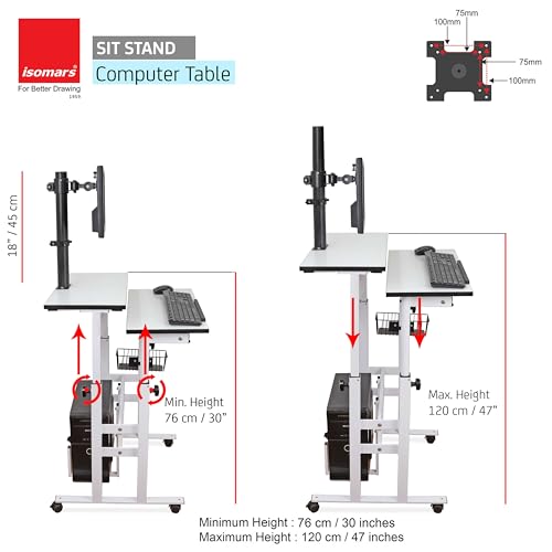Image of Isomars Computer /Laptop Table with Adjustable Height & Angles, Sit Stand Table, Computer Desktop Workstation with Fixed Monitor Mount - Useful for Using Gadgets Like Desktop, Laptop, etc. (White)