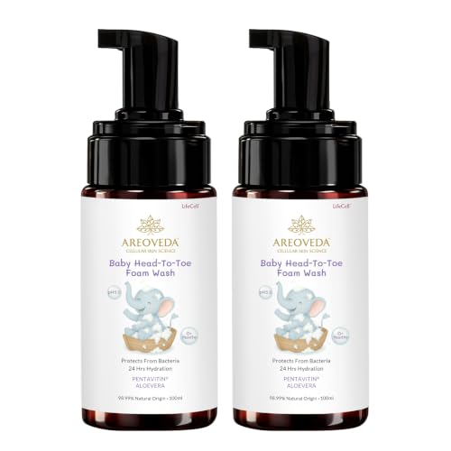 Image of AreoVeda Baby Head-To-Toe Foam Wash With Self-Foaming Pump (100ml*2) I Tear-Free Baby Wash I 24 Hrs Hydration I pH 5.5 With PENTAVITIN & Aloe Vera I Safe from Day 1 I Lab Tested, Ecocert Certified, EWG Verified