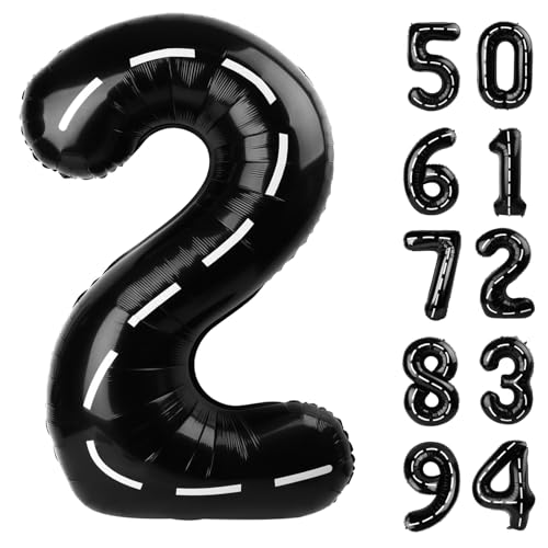 Image of Race Car 2 Balloon, Two Number Balloons 40 Inch, 2nd Black Balloon Number Birthday Decorations, Second Two Birthday Party Supplies, Number 2 Balloon