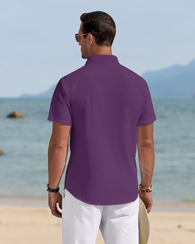 Image of J.VER Mens Linen Shirt Short Sleeve Button Down Casual Summer Shirts | Cotton Linen, Untucked, Big Tall, from Beach Camp Vacation, Cruise Fishing, Work Office, to Wedding Party Family, with Pocket
