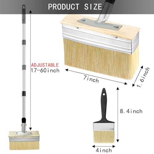 7" Decking Paint Brush with 60" Long Handle,Deck Stain Applicator for Wood Floor, Fence Wall Furniture, Oil Staining, Decking Paints, Decking Stains, Deck Coatings, include 4" Paint Brush
