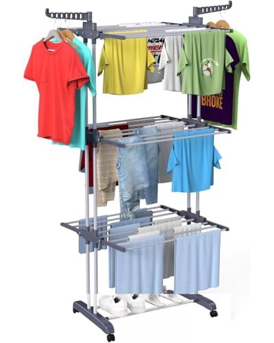 BURAKH 4-Tier Adjustable Stainless Steel Clothes Airer Drying Rack - Foldable (vertically), Rolling, Indoor & Outdoor Clothes Rail, Coat Stand, Laundry Hanging Rack - Image 3