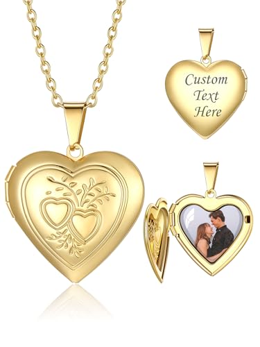 Collier personnalisé photo coeur médaillon gravure texte or suspendu pour femme