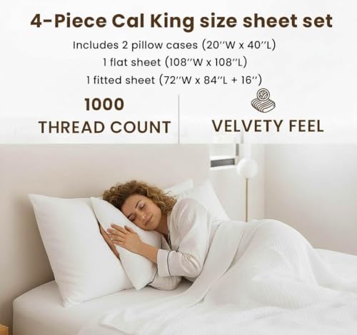 Image of California King Sheets, 1000 Thread Count 100% Cotton 4-Piece Bed Sheet Set, 16-Inch Deep Pocket, Soft Breathable Cooling Sateen Hotel Bedding, Ivory
