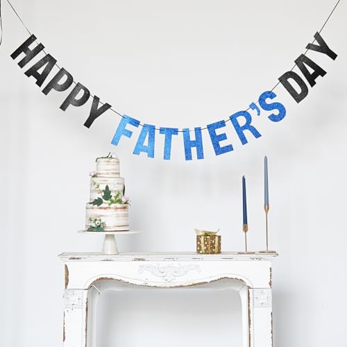 Image of Happy Father's Day Gold Banner Bunting Banner for Dad Father's Party Decorations Backdrop Garland for Father's Day (black blue banner)