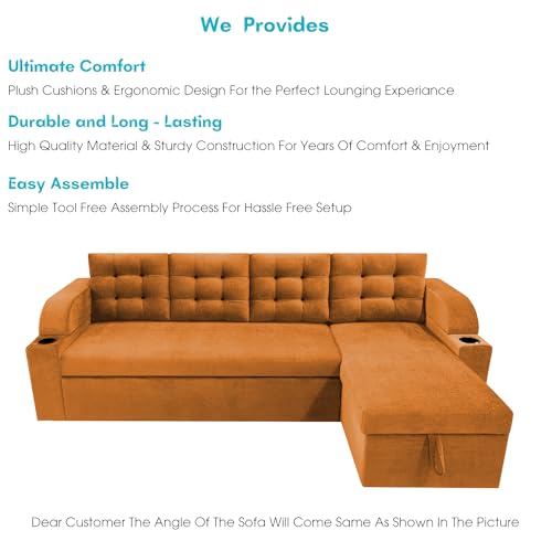 Image of Casaliving Grance RHS 6 Seater Corner Sofa Cum Bed for Living Room with Storage (Orange Fabric) Premium Fabric Sofa Cum Bed