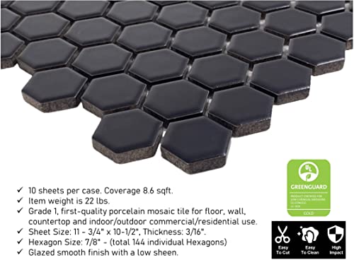 Hexagon 1 Inch Black Matte Porcelain Mosaic Tile For Bathroom Floors And Walls, Kitchen Backsplashes, Pool Tile ((10 Sheets/Case)) #TOP3