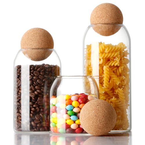 NUTRIUPS Storage Glass Jar with Ball Cork Lid, 3Pcs Glass Canisters with Cork Ball, Cute Decorative Round Jars with Wood Lid 500 ML/17Oz,800ML/27Oz,1200ML/41Oz