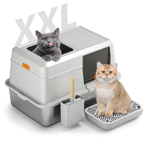 Bartuke Lettiera per Gatti in Acciaio Inox, Grande Lettiera Gatto Chiusa XXL con Pala, Chiusa Antiodore, Facile da Pulire, Toilette Media Grande per Gatti (Grigio Scuro)
