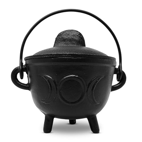 New Age Imports Inc. Triple Moon Cast Iron Cauldron w/Handle & lid Ideal for smudging Incense Burning Ritual Purpose Decoration Halloween Decoration Candle Holder etc. (Triple Moon - BR91)