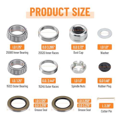 Image of 4 Sets 25580 15123 Boat Trailer Axles Bearing Kits, Grease Seals, Spindle Nuts, 2.72 inch Dust Caps and Rubber Plugs, Cotter Pins, Washers for 5200-6000 lb.Tandem Axles #D42 Spindle | with Grease Seals, Spindle Nuts, 2.72 inch Dust Caps and Rubber Plugs, Cotter Pins for 5200-6000 lb.Tandem Axles #D42 Spindle