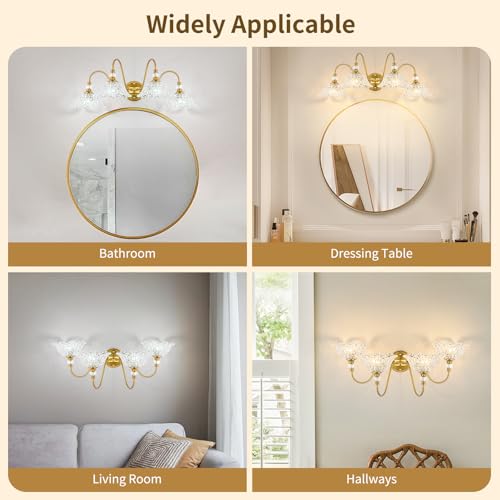 Image of Gold Bathroom Vanity Light, 4-Light Brushed Gold Finish Vanity Light with Floral Clear Glass Shades, Vintage Wall Mount Lighting for Bathroom, Dressing Table