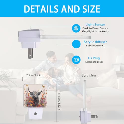 Image of Highland Cow Night Light,Daisy Flower Night Lights Plug into Wall Dusk to Dawn Sensor Lamp for Women Men,Led Lights for Stairway /Hallway /Bedroom