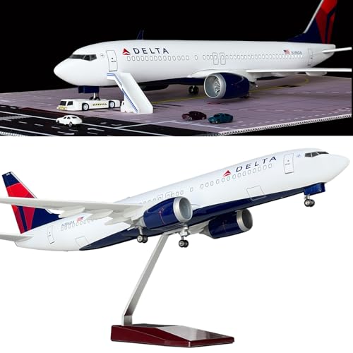 WINDRACEZ B737 Model Plane 1/150 Scale 737 Model Airplane 18.5 Inches Long with LED Lights and a Large Rubber Airport Mat, Ideal Gift and Display
