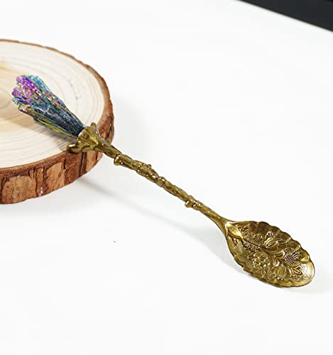 Soulnioi Vintage Carved Crystal Spoons Retro Decorative Coffee Stirring Spoons Dessert Spoons Ice Cream Spoon with Malachite Blue Flame Feather Head for Cafe Office Tableware -Brass - Image 2