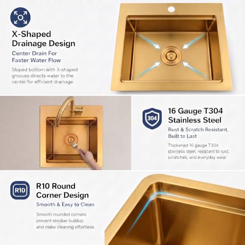 Image of LQS Brushed Gold Finish Kitchen Sink, Small Gold Drop In Bar Sink 16 inch x 18 inch with Cutting Board, 16 Gauge Stainless Steel Golden Kitchen Sink, 10 inch Depth For Daily Use, Outdoor and Prep Use