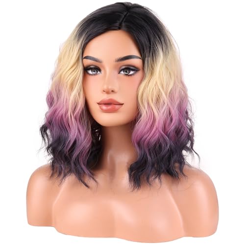 Image of BERON Blonde Purple and Black Wigs Short Curly Wavy Wigs for Girls Colorful Side Part Shoulder Length Heat Resistant Synthetic Wig Cosplay Costume Party Daily