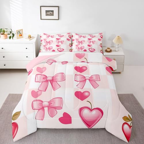 Homewish Juego de edredón con lazo rosa para cama de matrimonio, juego de ropa de cama con lazos de Pascua, color rosa y blanco, para niños, niñas, adultos, lindo edredón de princesa estética, sin